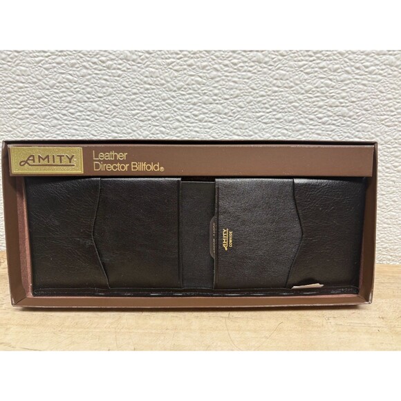 Vtg Amity Black Leather Billfold Cowhide Mens Wallet New In Box - Picture 1 of 16